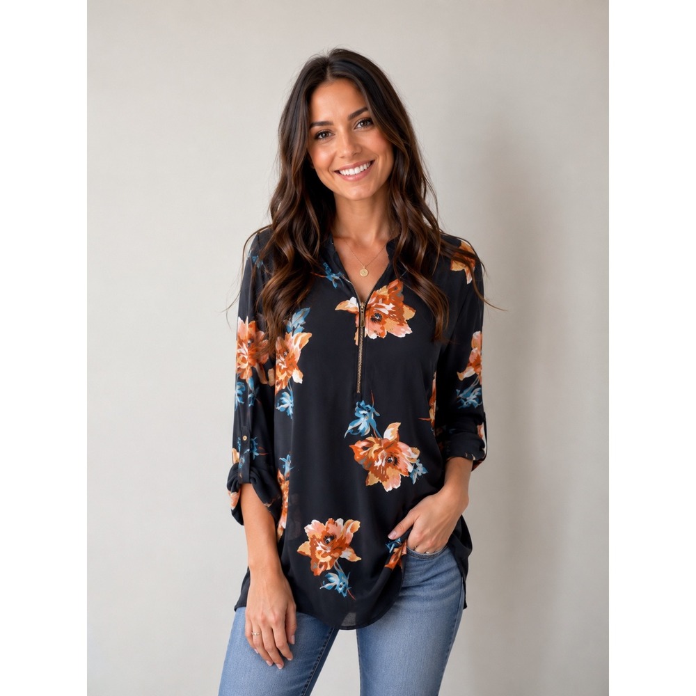 MAURICES Floral Zip Neck Blouse Women S Black Orange Roll Tab Sleeve Boho Top